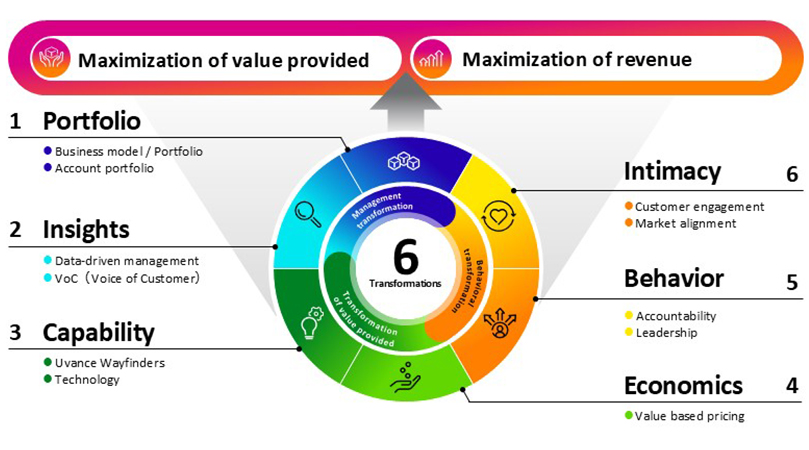 Diagram of 6 transformations for maximizing value and revenue: Portfolio, Insights, Capability, Economics, Behavior, Intimacy.