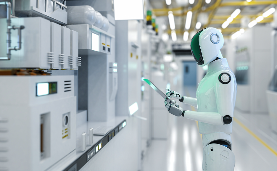 現代的な工場で、ロボットがタブレットを操作し、機械を監視している。