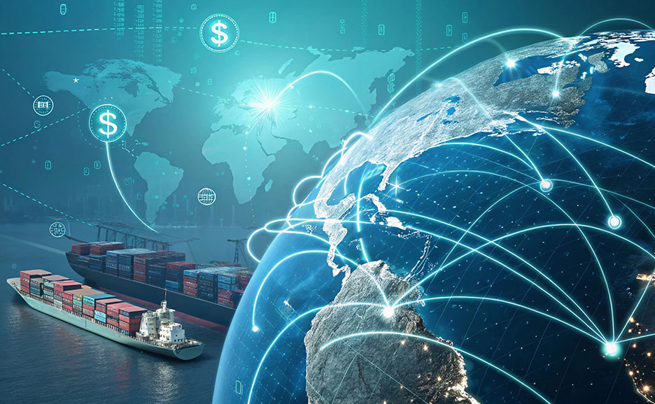 Global supply chain with Earth, ships, and network.