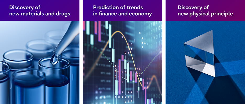 Applications of quantum computing, including materials and drug discovery, financial and economic trend prediction, and discovery of new physical principles