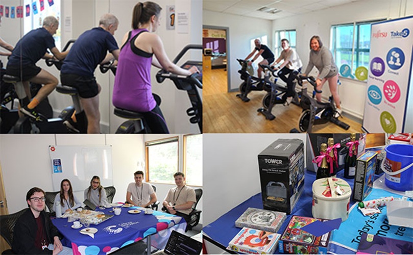 A vibrant collage of people cycling outdoors and working out in a gym, highlighting fitness and community engagement.