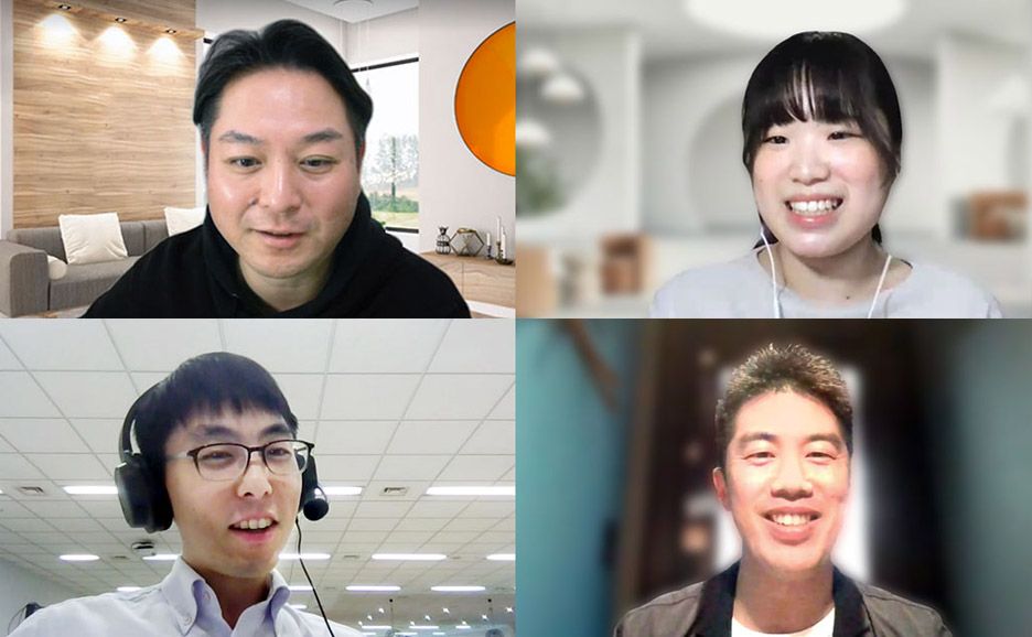 オンラインで話を伺う様子(左上から時計回りに、EVP CDXO(兼)CIO 福田さん、ハッカソン優勝者 安田さん、DIGITAL SHIFTS DIS事業部グループ長 土井さん、パブリック&ヘルスケア事業本部 中川さん)