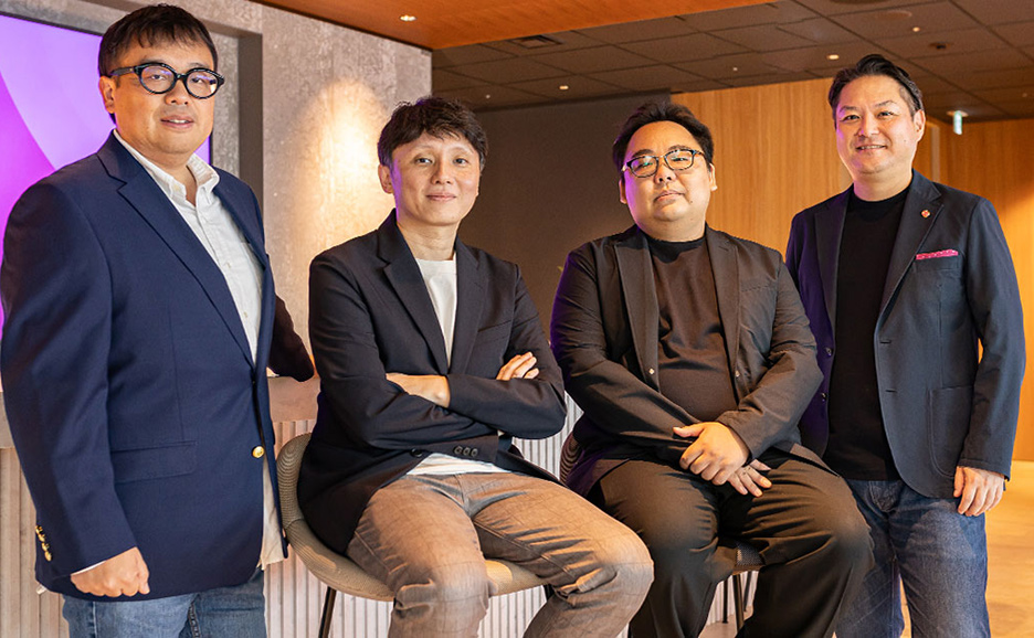 対談した株式会社PocketRD代表取締役 籾倉 宏哉 氏、CTO 内田 茂樹 氏、富士通 福田 譲、今井 悟史の集合写真