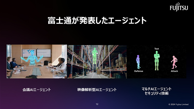 富士通が発表した3つのエージェント。「会議AIエージェント」、「映像解析型AIエージェント」、「マルチAIエージェントセキュリティ技術」