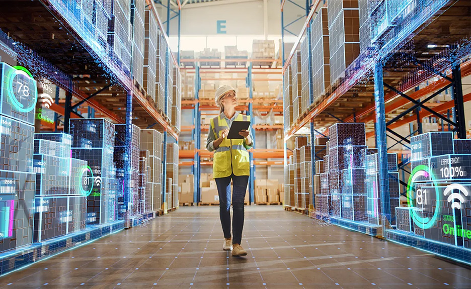 Arbeiterin geht mit Tablet durch ein Lager, umgeben von digital eingeblendeten Daten und Regalen voller Waren