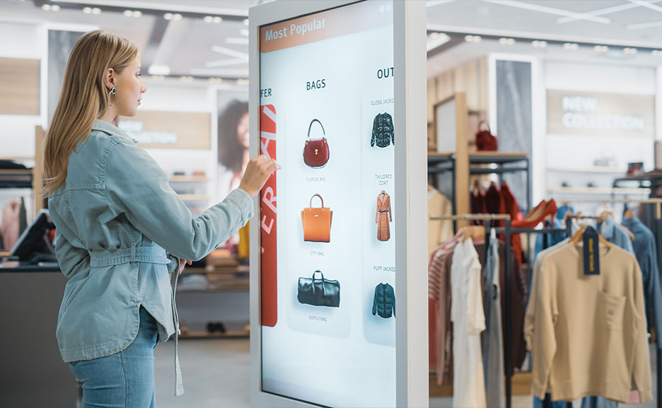 Junge Frau nutzt einen großen technologischen Touchscreen in einem Einzelhandelsgeschäft