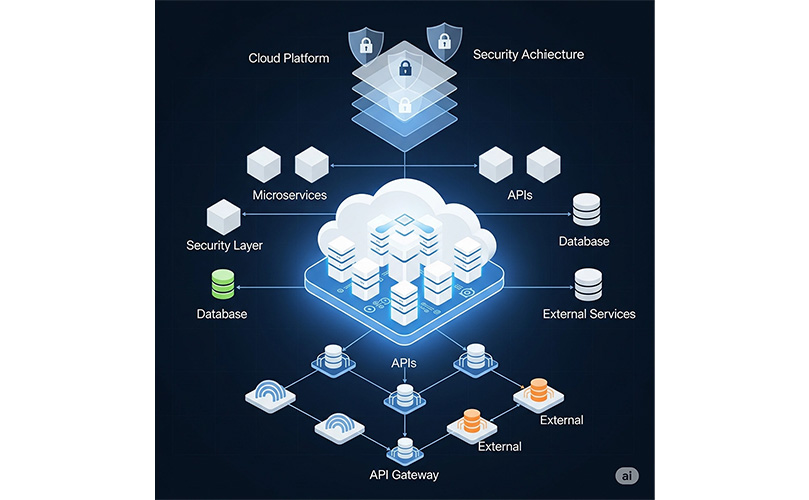 Schematische Darstellung einer modernen IT-Architektur mit Cloud-Komponenten, APIs und Sicherheitslayern