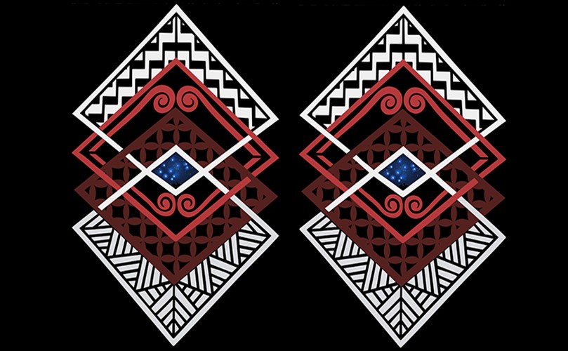 Two red and black tribal designs on a black background, showcasing intricate patterns and bold colors.
