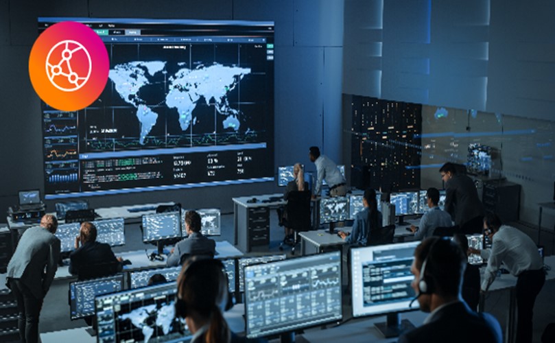 Room with project team with a worldwide view of a graph