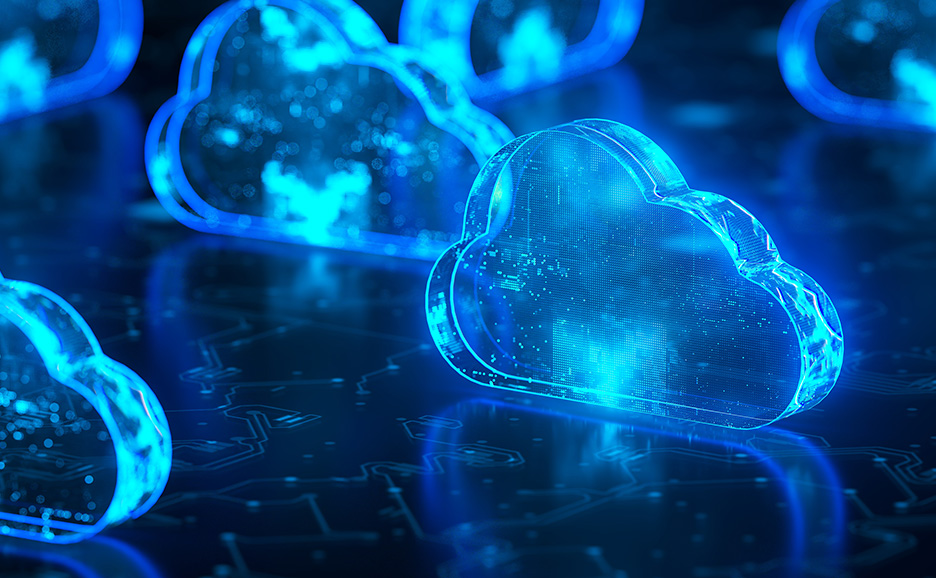 青いデジタルクラウドと回路基板のイラスト。