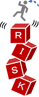 「RISK」とかかれたぐらぐら揺れるダイスの上であわてる棒人形のイラスト