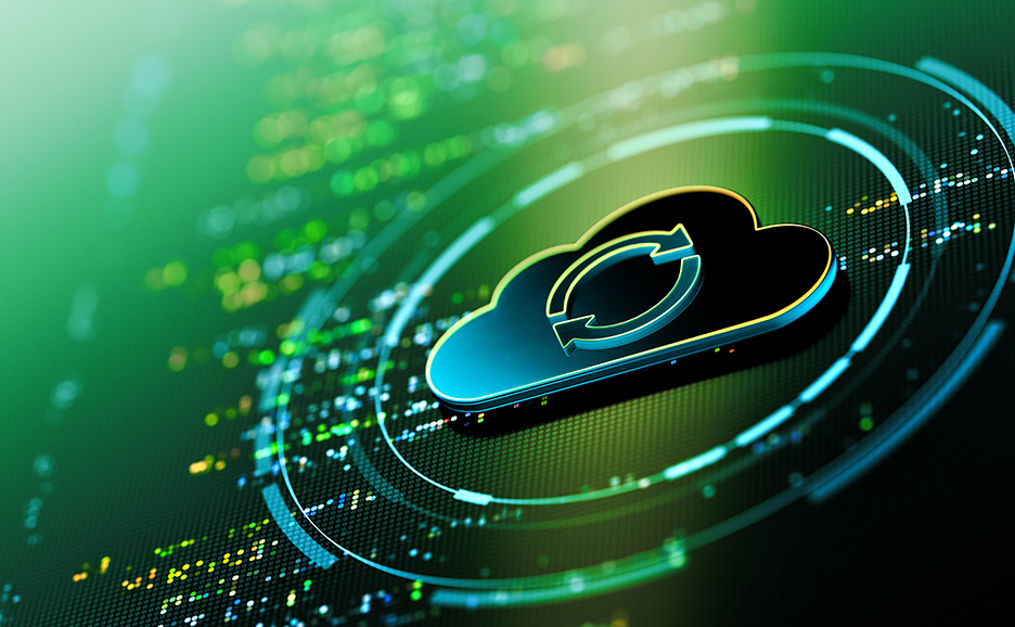 緑色の背景にクラウド同期のアイコンが浮遊するテクノロジーのイラスト。