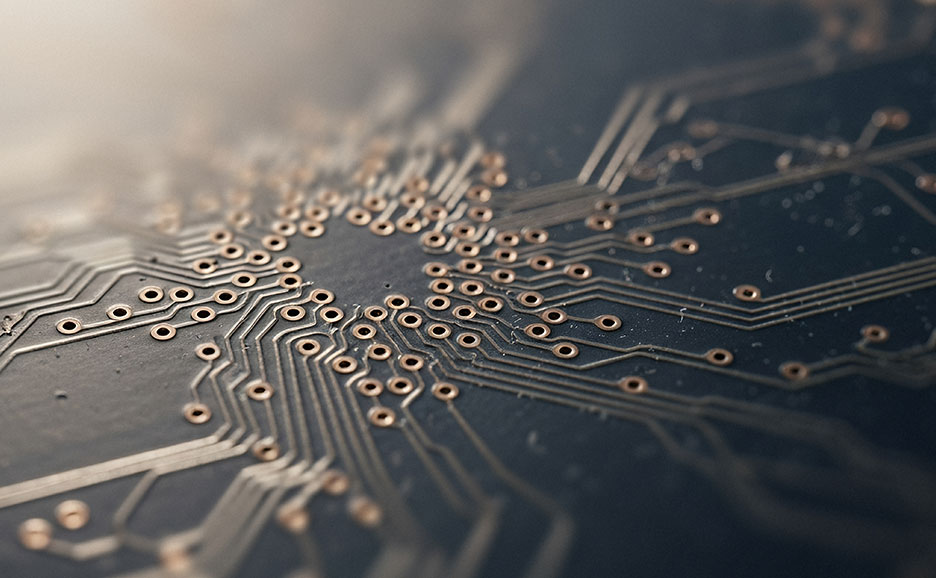 電子基板のクローズアップ。金色のはんだが複雑な回路を形成し、光を反射している。