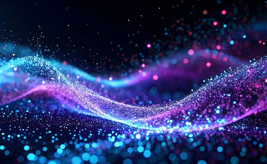 青と紫の光の粒子が波のように流れるサイバー空間の抽象的なイメージ