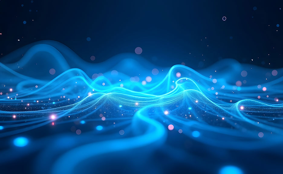 青い粒子が波のようにたゆたう、サイバー空間を思わせる抽象的な背景。