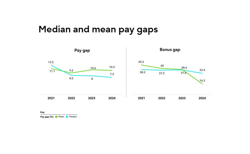 Graph comparing median and mean pay gaps, highlighting disparities in earnings across different demographics.