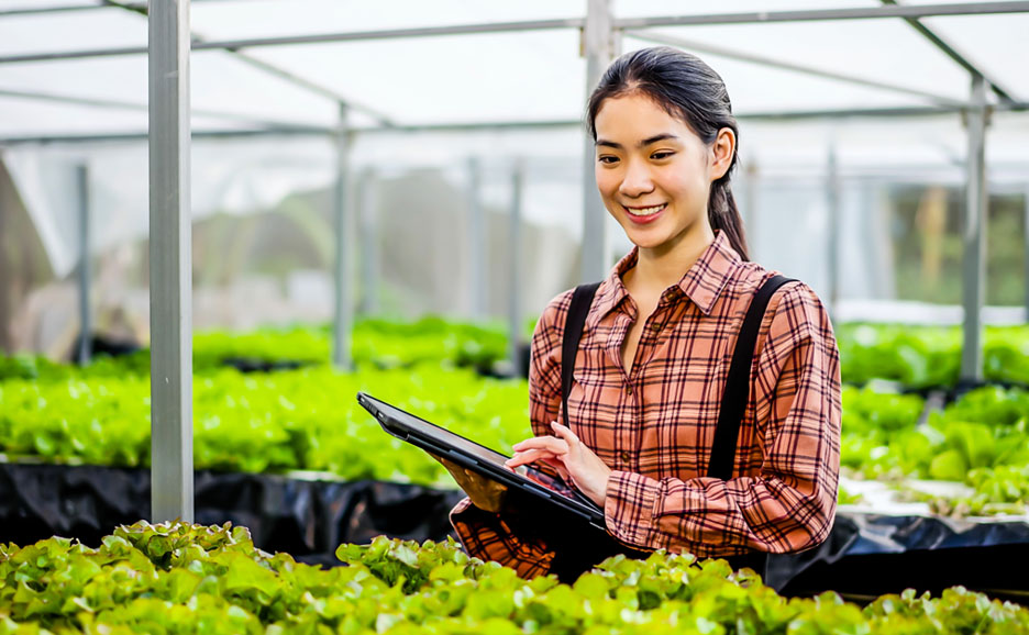 ビニールハウスの中でタブレットをもっている女性