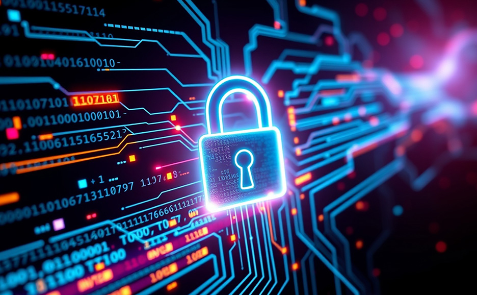 光る回路図に浮かぶ南京錠のイメージ。