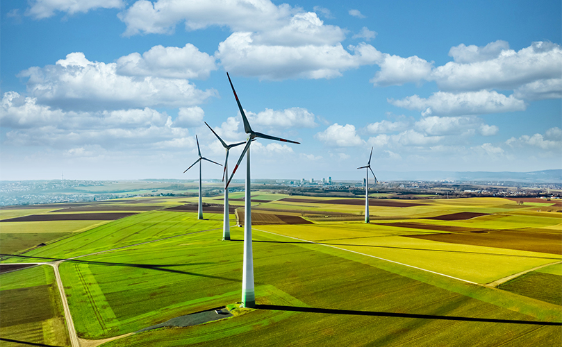 An expansive field dotted with wind turbines