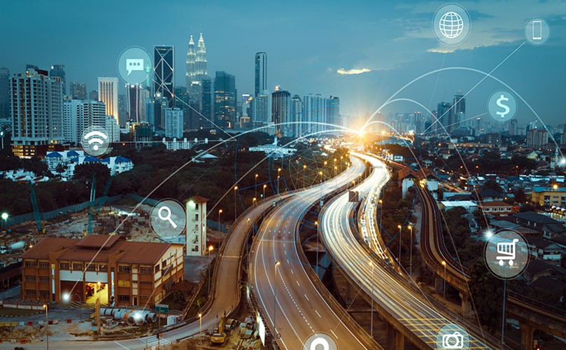 A futuristic city skyline featuring advanced technology, green spaces, and smart infrastructure for urban living.