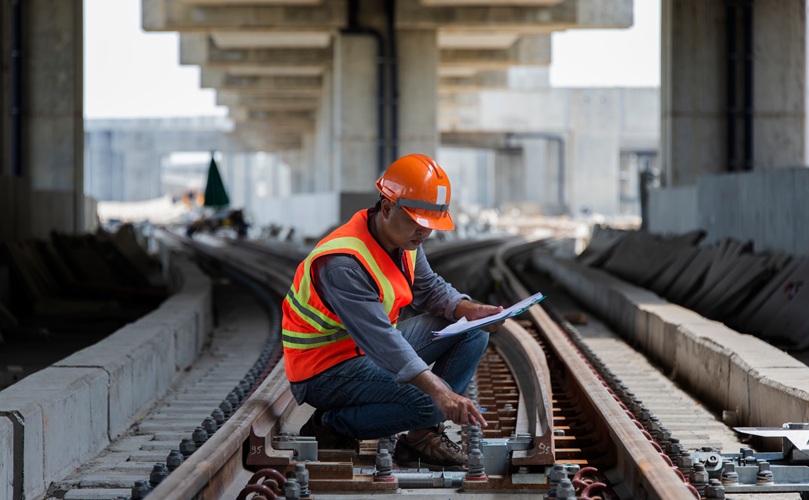 A construction worker in an orange vest and hard hat inspects railway tracks under a bridge, holding a clipboard. The scene conveys focus and precision.