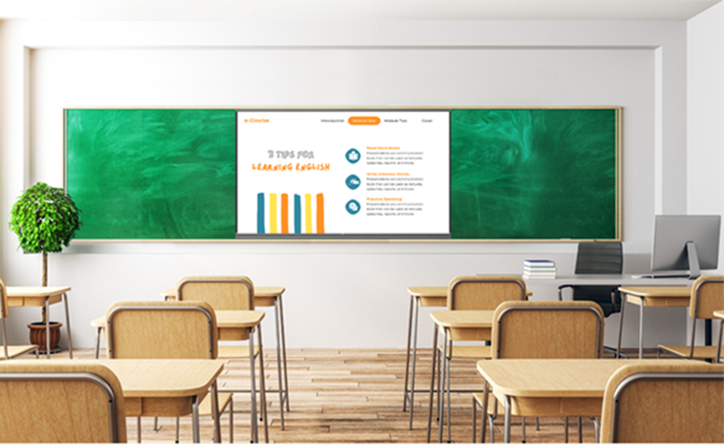 A classroom featuring rows of desks and chairs facing a large blackboard on the front wall.