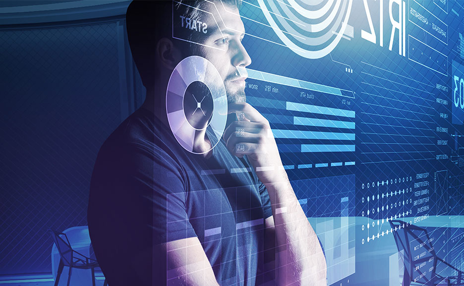 Profile of a man contemplating AI interfaces and information.