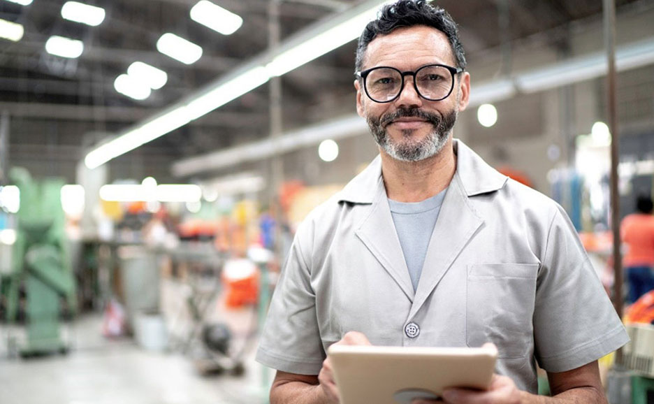 Man in a factory holding a tablet, looking at the camera
