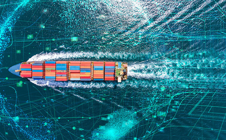 Container ship at sea from above