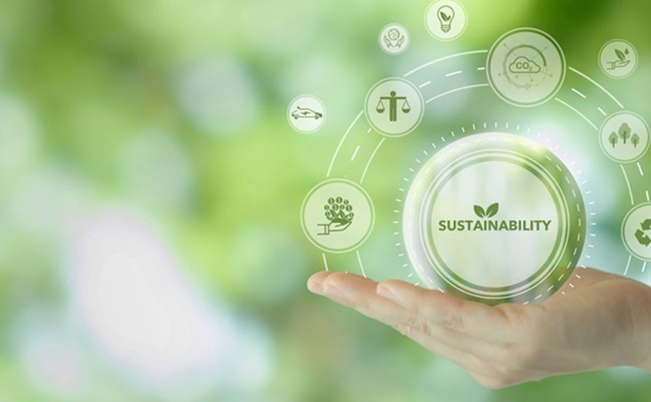 Icons surrounding "Sustainability" spread on a palm