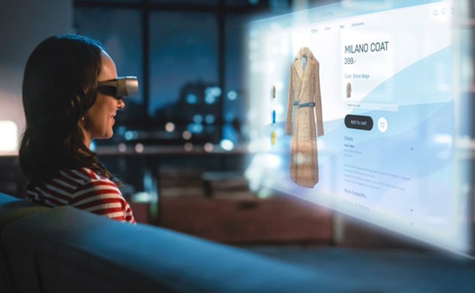 Woman enjoying virtual shopping in her room