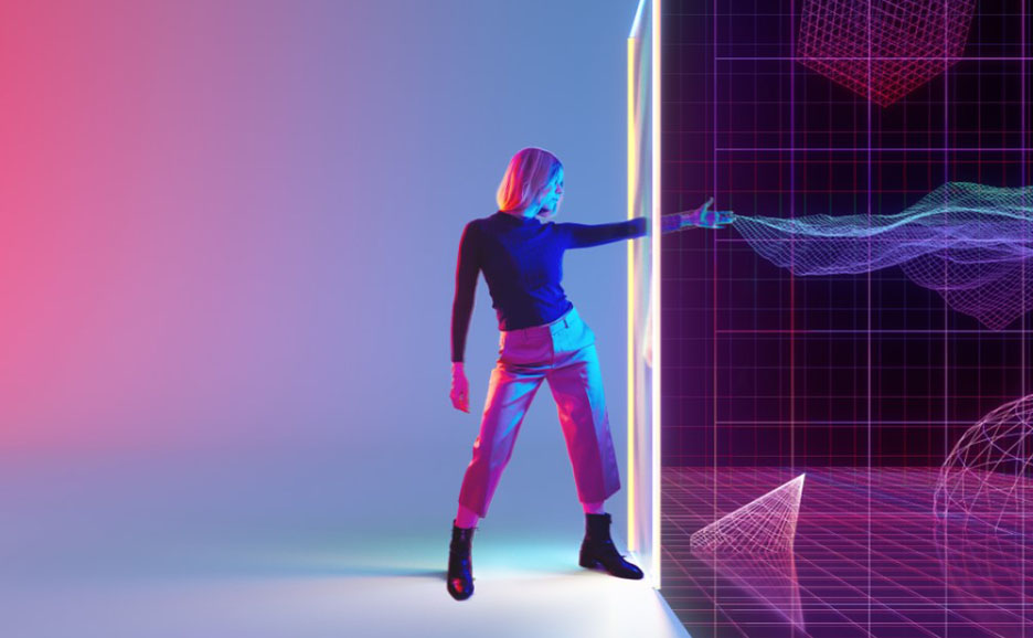 Woman reaching into monitor