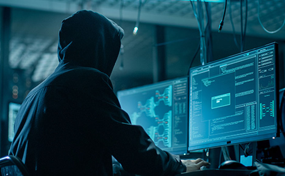 Hooded person operating a PC in dim light