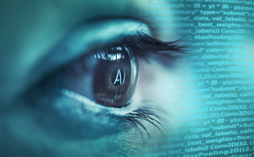 Close-up of a human eye with "AI" reflected on it, overlaid with coding script.