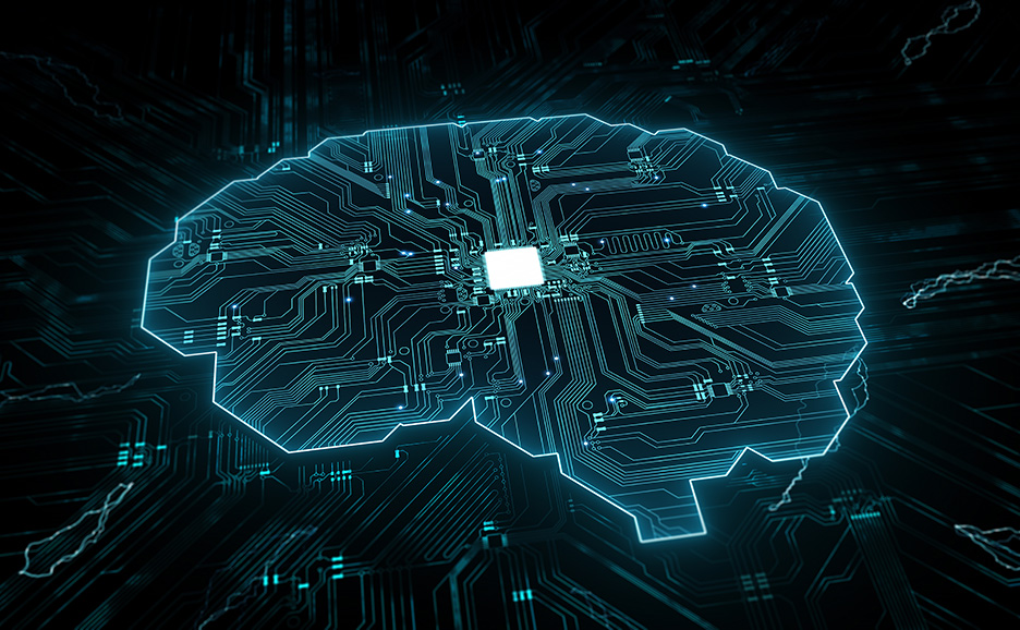 An illustration of a brain integrated with a circuit board design