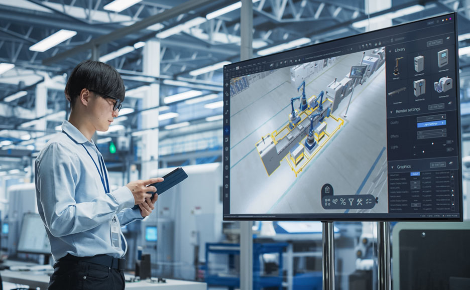 モニタに投影された画面を操作する男性