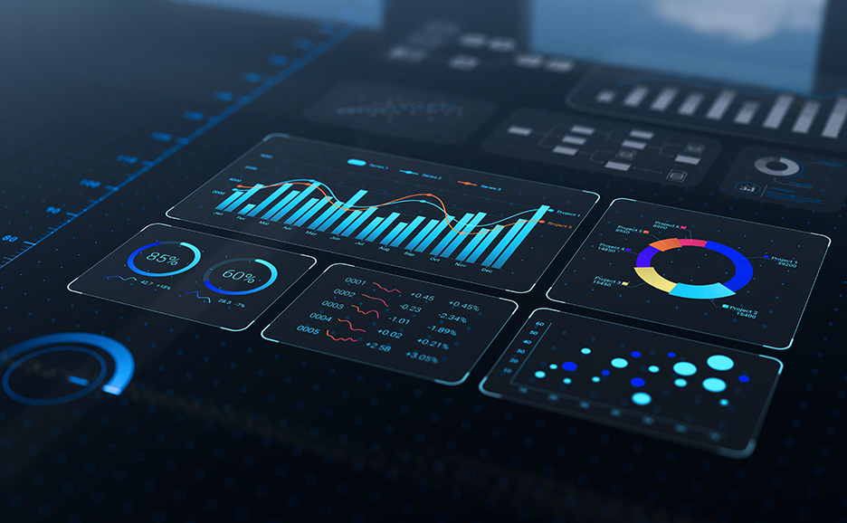 円グラフや棒グラフを表示したモニタ