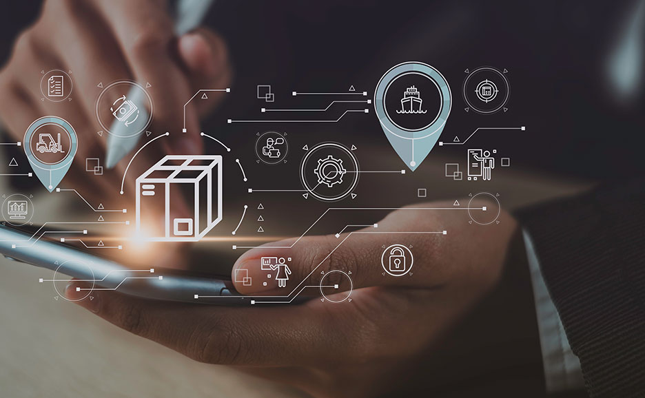 スマートフォンの上にサプライチェーン管理のアイコンが浮かぶ様子