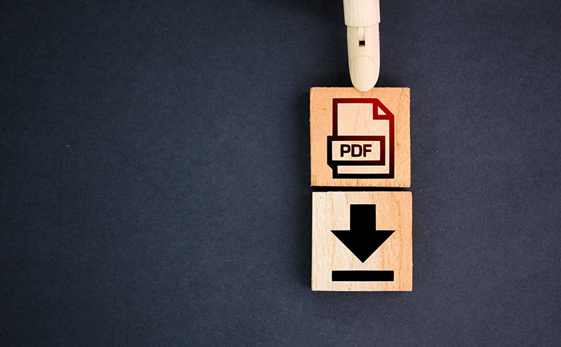 PDFファイルのロゴとダウンロードのアイコンが書かれた木製ブロック
