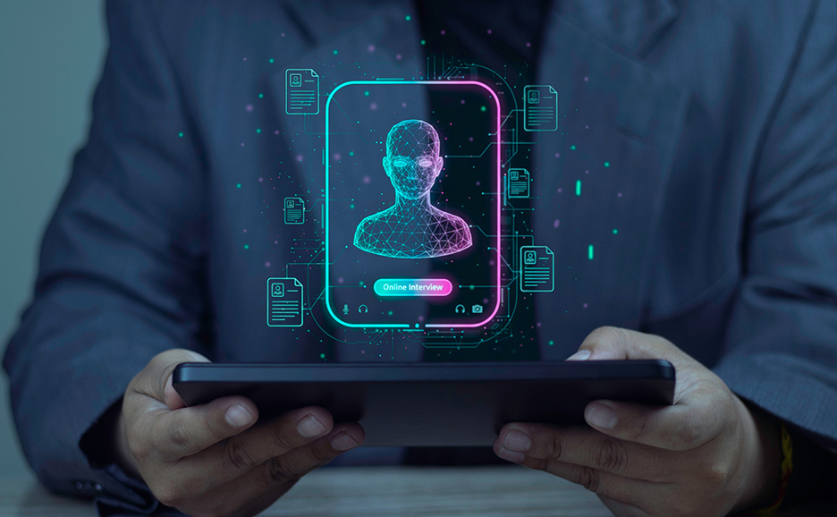 タブレットを操作する人の手元に表示されたデジタルインターフェースの人物像