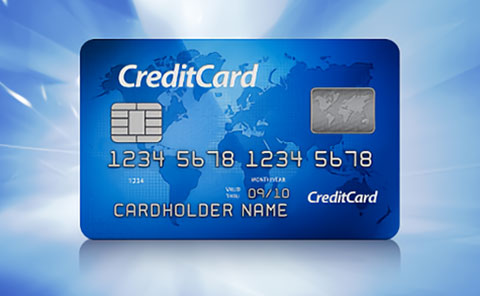 ホログラムとICチップが特徴の青いクレジットカード。