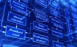 ブルーに光るフローチャートが表示された画面。