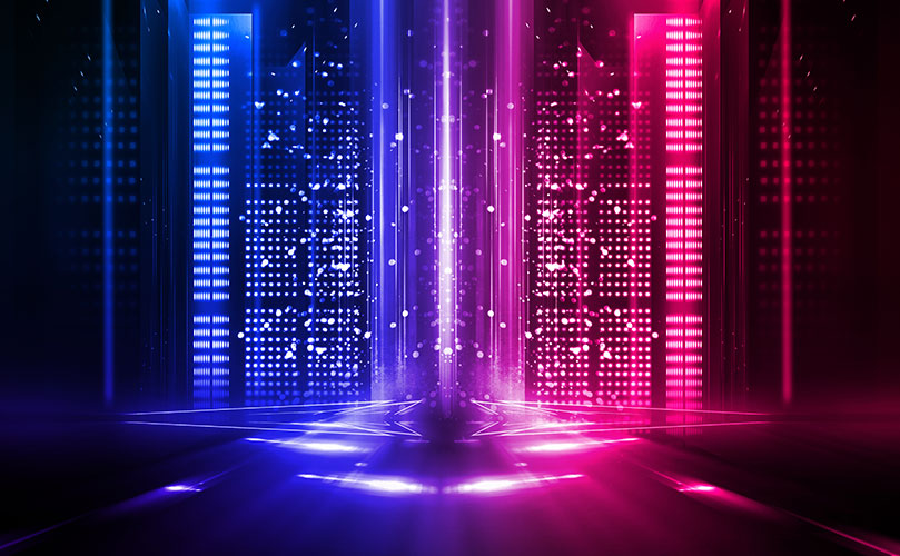 サイバーパンク風の青とピンクの光が交錯する未来的な空間。