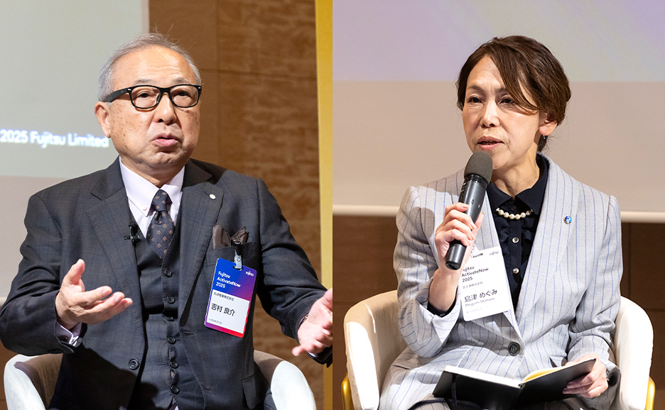丸井産業株式会社代表取締役社長吉村 良介氏（左）と富士通株式会社執行役員副社長 COO島津 めぐみ