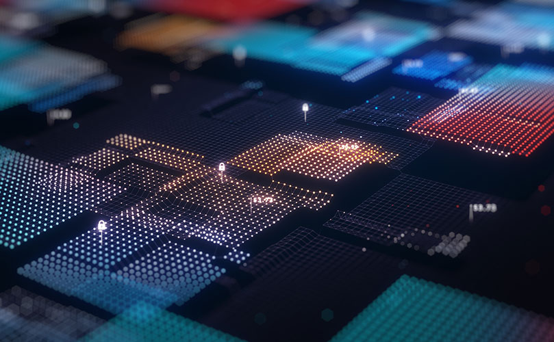 青、オレンジ、赤で照らされた正方形のグリッドにさまざまなデータと南京錠の記号。