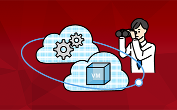 クラウドシステムを双眼鏡でのぞく男性のイラスト