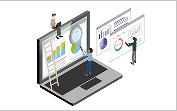 ノートPCにはしごをかけたり大きな虫眼鏡でのぞく小人のイラスト