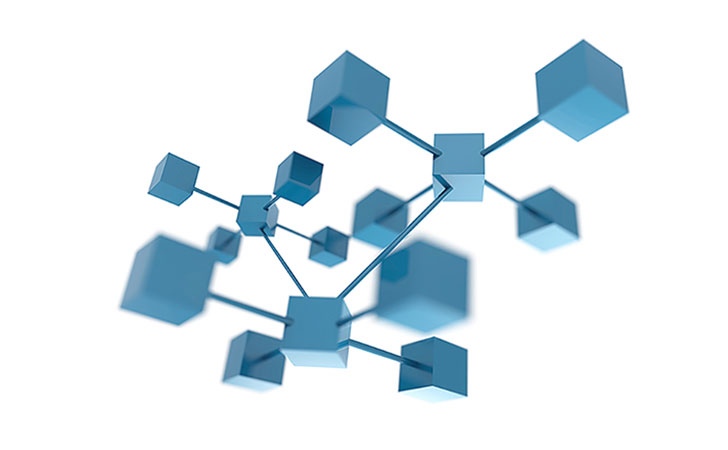白い背景に、青い立方体が線で繋がれている様子。