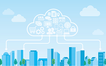 街のビルからつながるクラウドサービスのイラスト