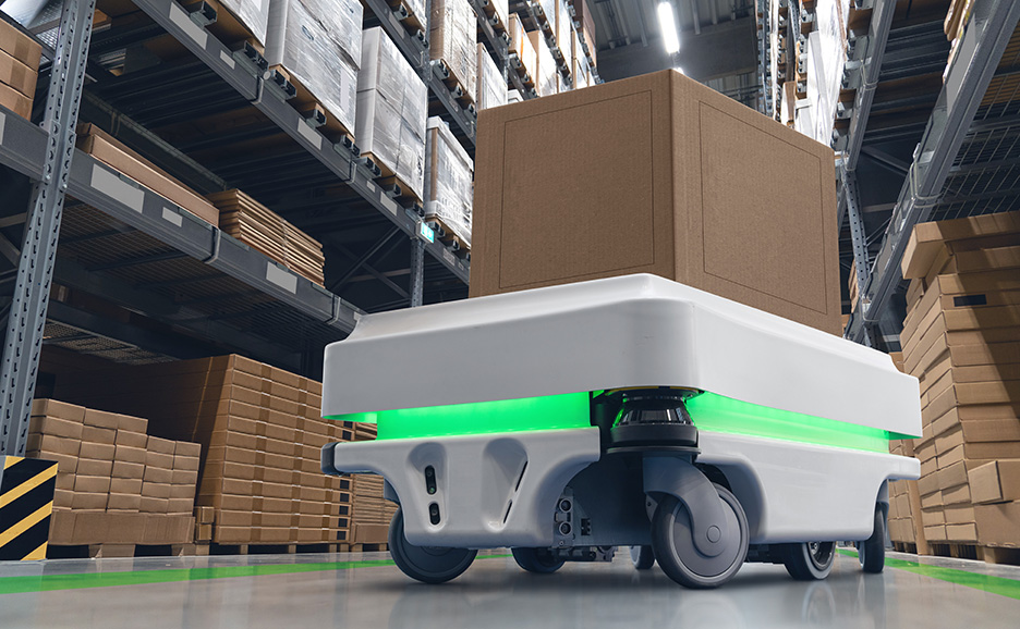 倉庫内で荷物を運ぶ自律移動ロボット